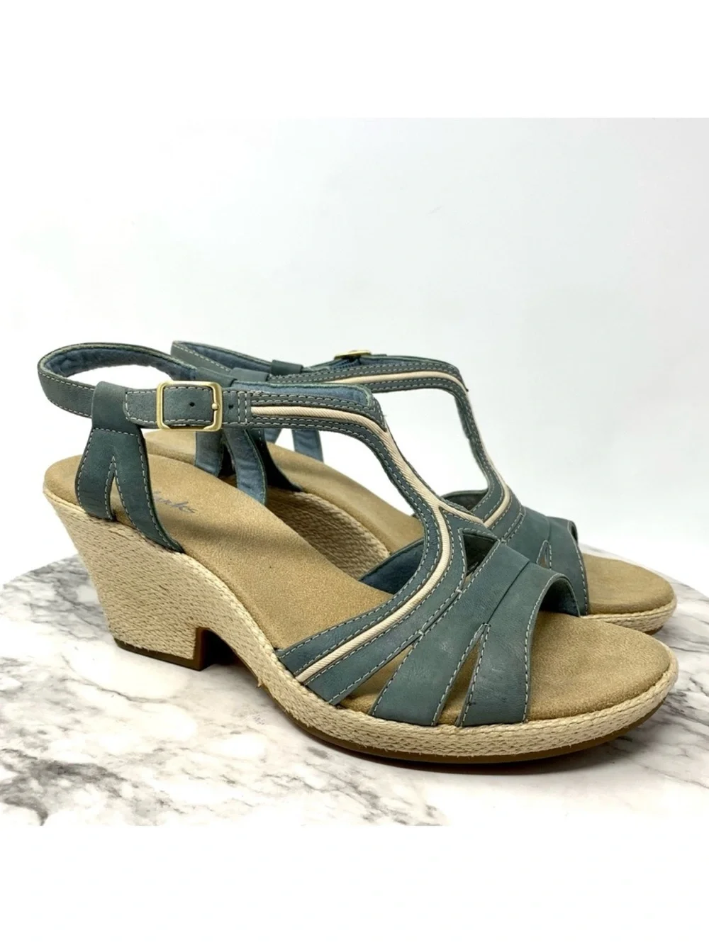 Clarks Blue Leather T-Strap Platform Comfort Platforms 10 Nautical Resortwear
